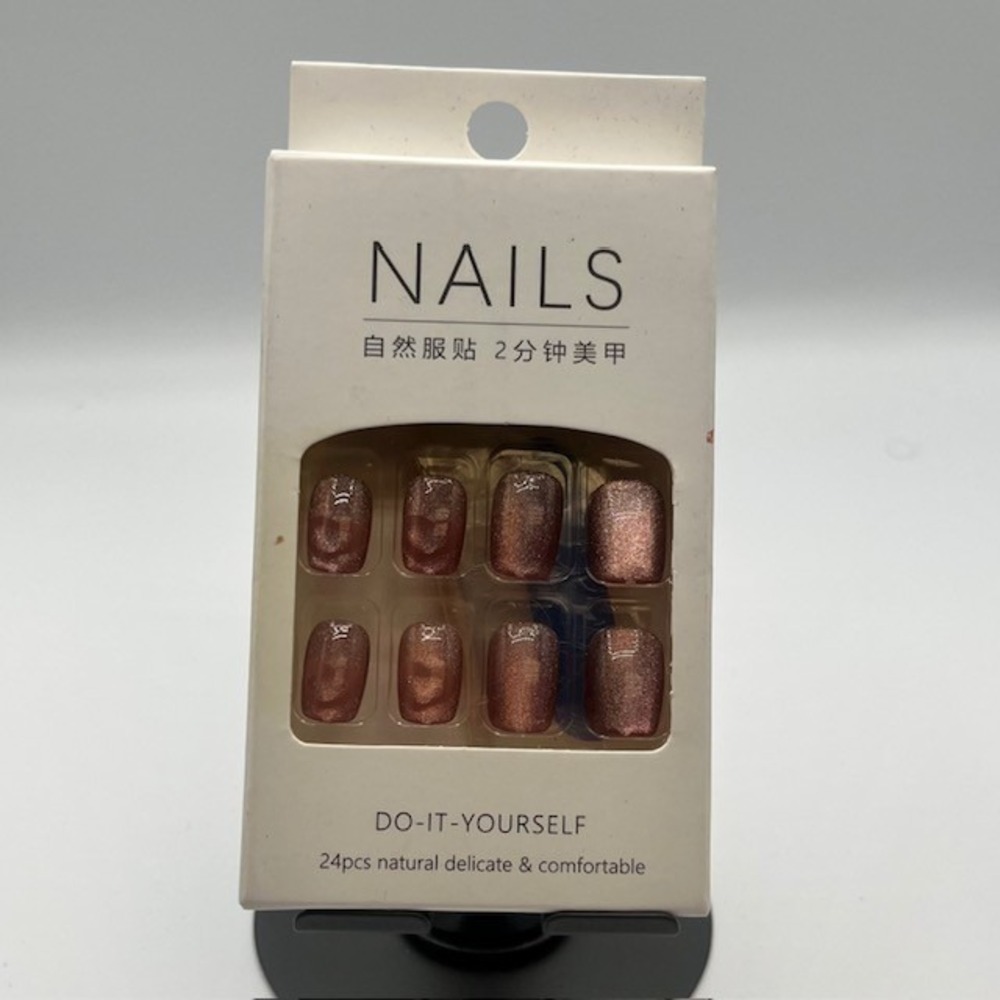Rose Gold Cat Eye Press On Nails 24pc DIY Shimmer Manicure Kit Natural Delicate